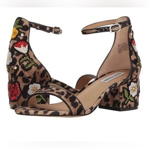 Steve Madden Inca Leopard Multi Embroidered Ankle Strap Heels